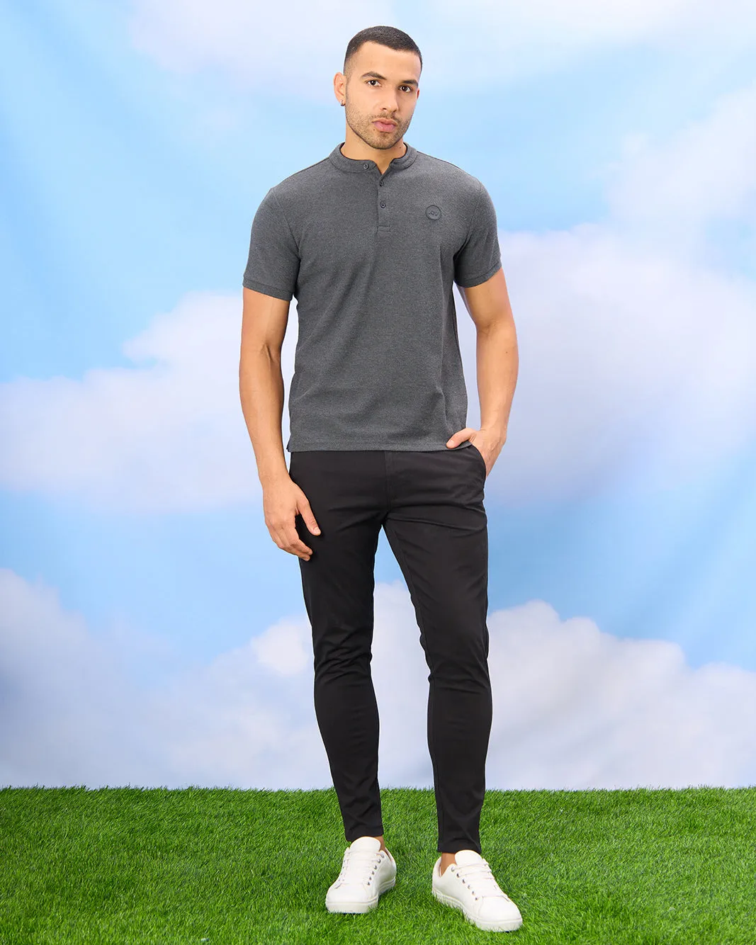 Men Charcoal Standup Collar Polo Shirt sold by Redtag product image thumbnail 2