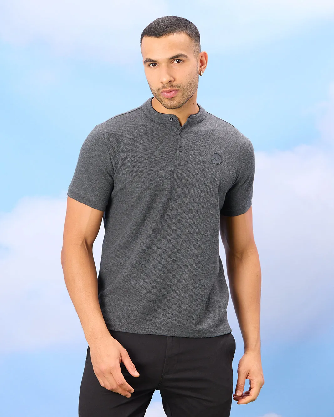 Men Charcoal Standup Collar Polo Shirt sold by Redtag