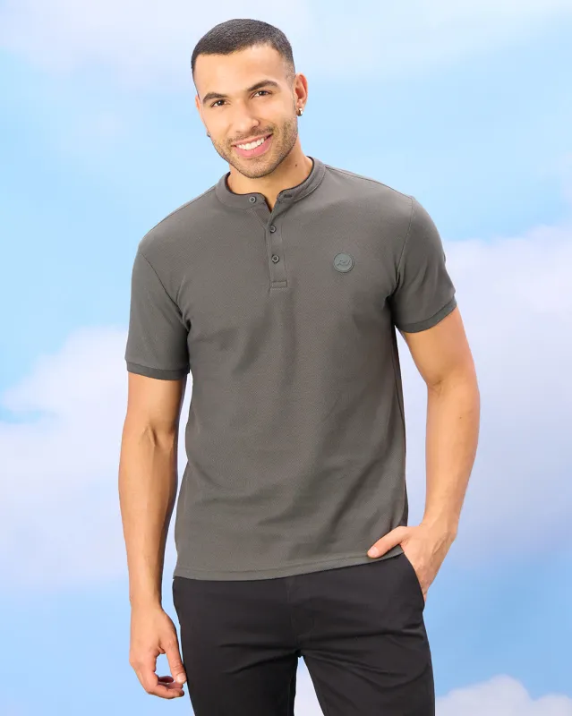 Men Olive Standup Collar Polo Shirt sold by Redtag