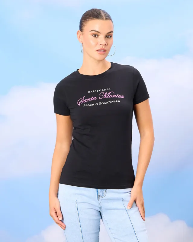 Women Black Santa Monica Printed T-Shirt sold by Redtag