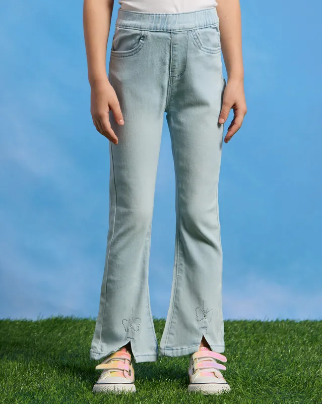 Girls Blue Flared Jeggings With Bottom Butterfly Rhinestone sold by Redtag