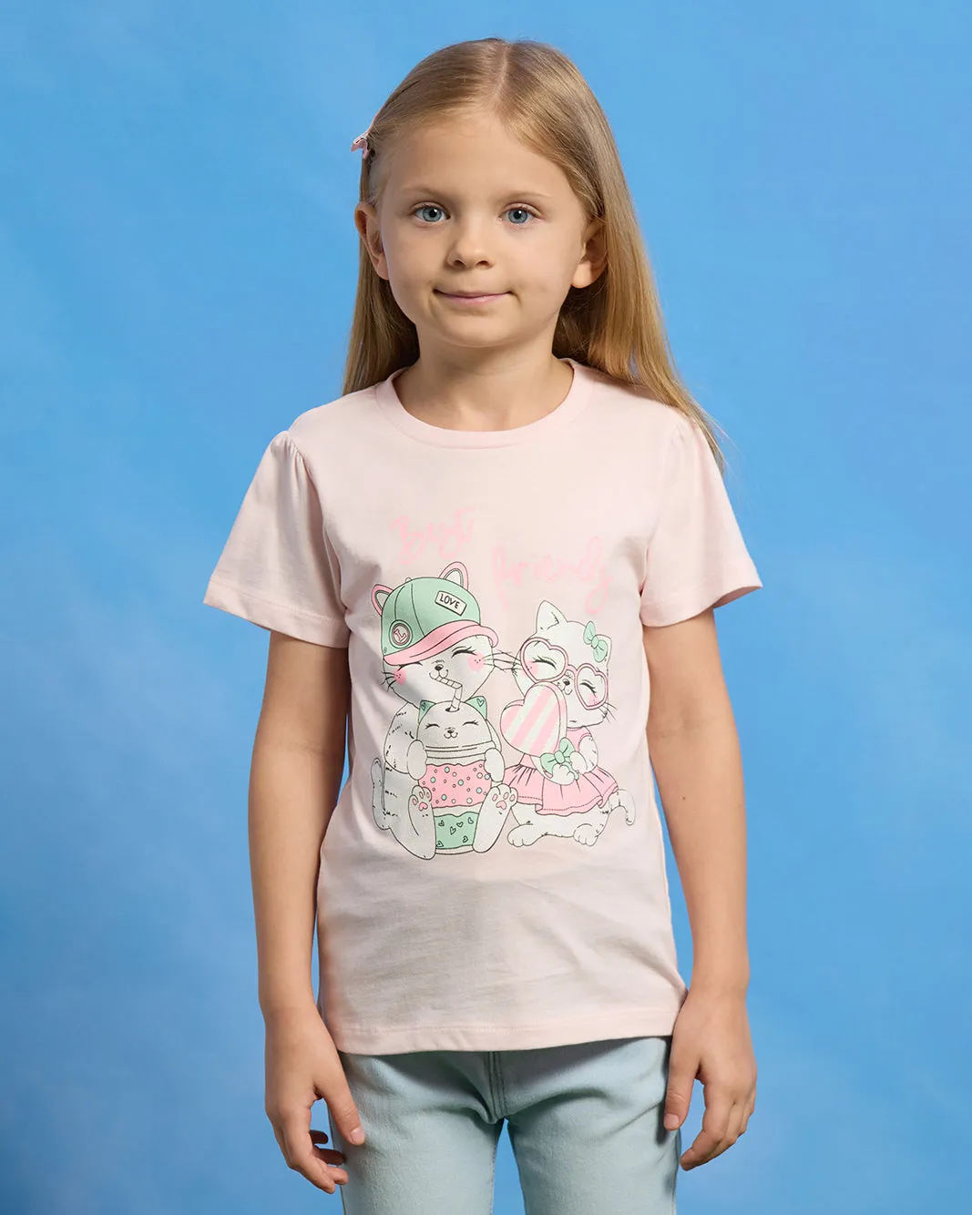 Girls Pink Cat Placement Print T-Shirt sold by Redtag