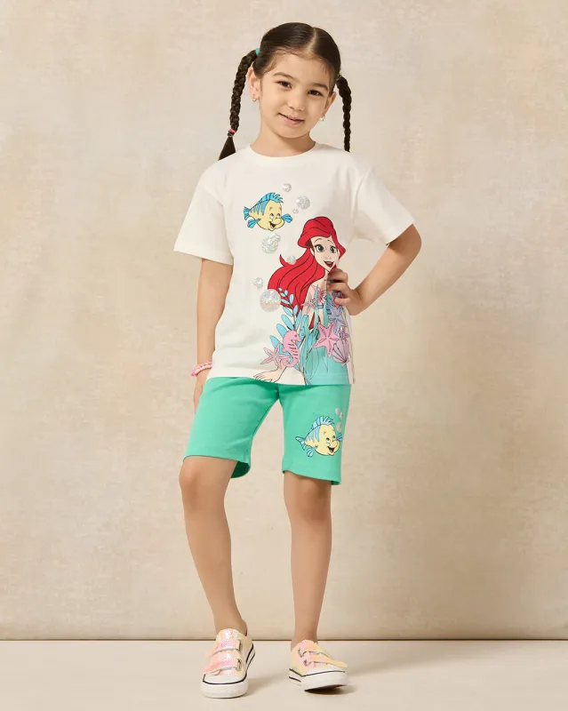 Girls White Ariel T-Shirt And Green Flounder Print Shorts Set (2 Piece) sold by Redtag