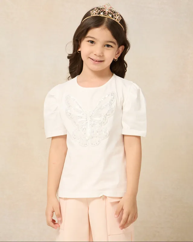 Girls White Butterfly Embellished T-Shirt sold by Redtag