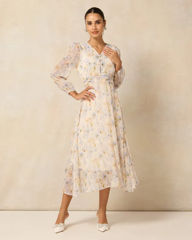 Women Ivory Floral Chiffon Dress sold by Redtag