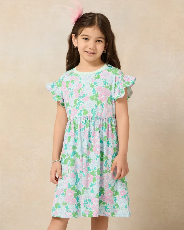 Girls Mint Floral Frill Sleeve Boxy Knit Dress sold by Redtag