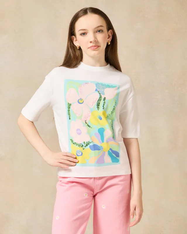 Senior Girls White Boxy Sequins Top sold by Redtag