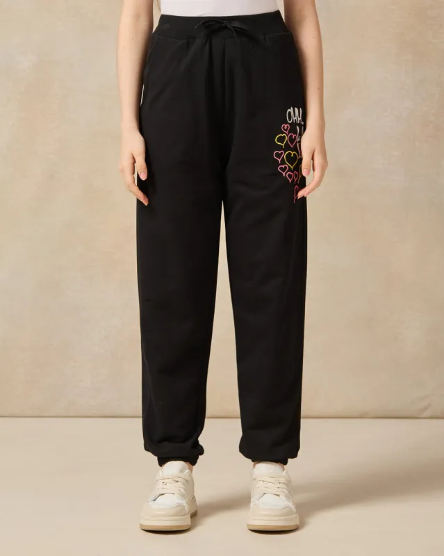 Senior Girls Black Basic Printed Track Pants sold by Redtag