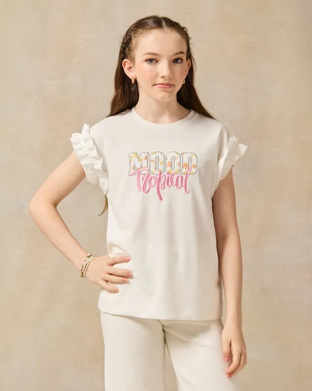 Senior Girls White Tropical Ruffled Sleeve Top sold by Redtag