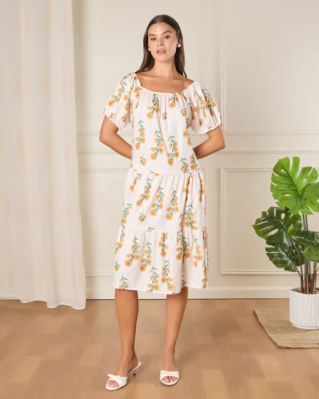 Women Cream Printed Casual Dress sold by Redtag