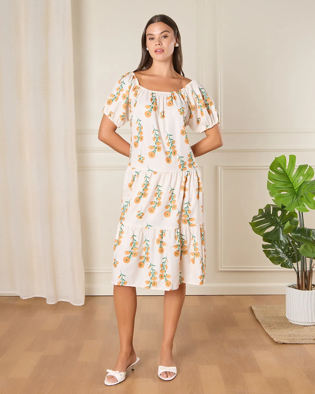 Women Cream Printed Casual Dress sold by Redtag