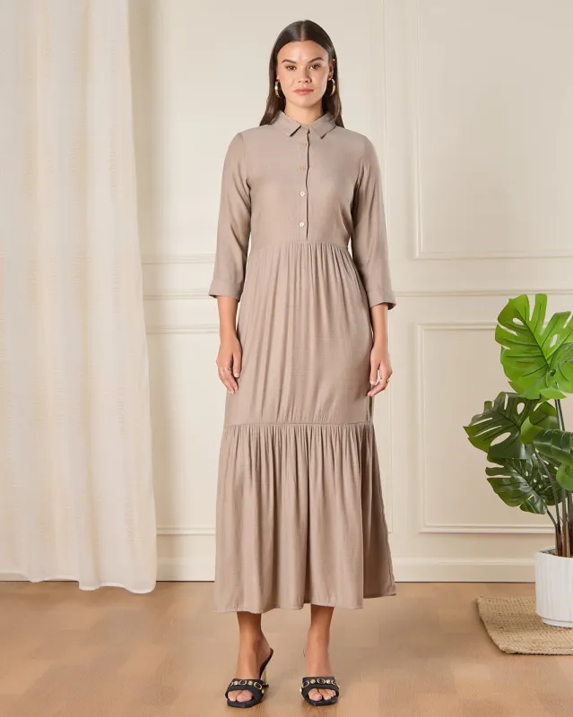 Women Beige Collared Casual Dress sold by Redtag