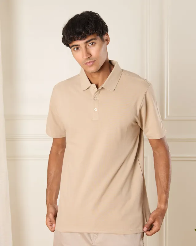 Men Beige Basic Polo Shirt sold by Redtag
