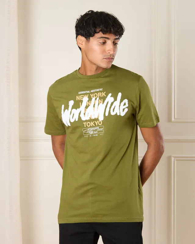 Men Olive Printed T-Shirt sold by Redtag
