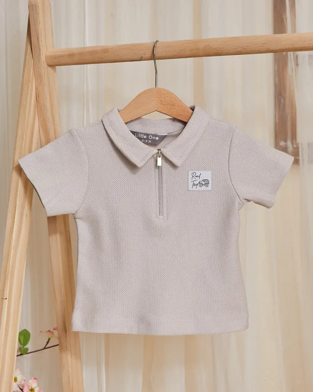 Infant Boys Grey Jacquard Zipper Polo Shirt sold by Redtag