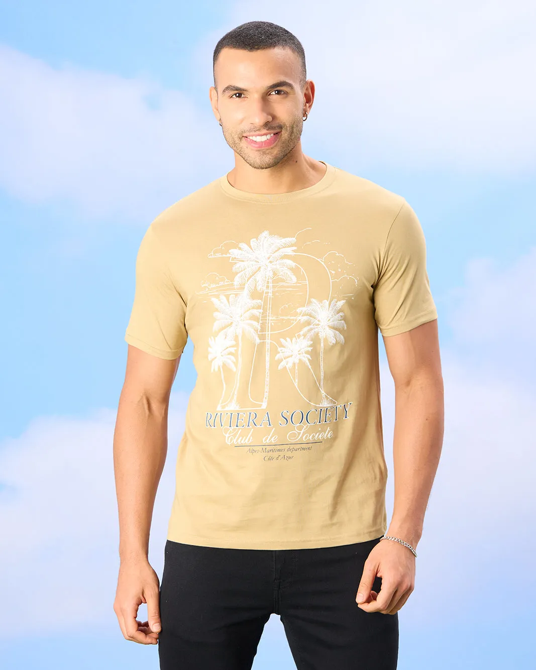 Men Beige Basic Graphic T-shirt sold by Redtag