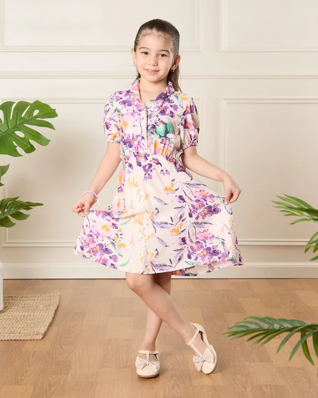 Girls White Floral Print Casual Dress sold by Redtag
