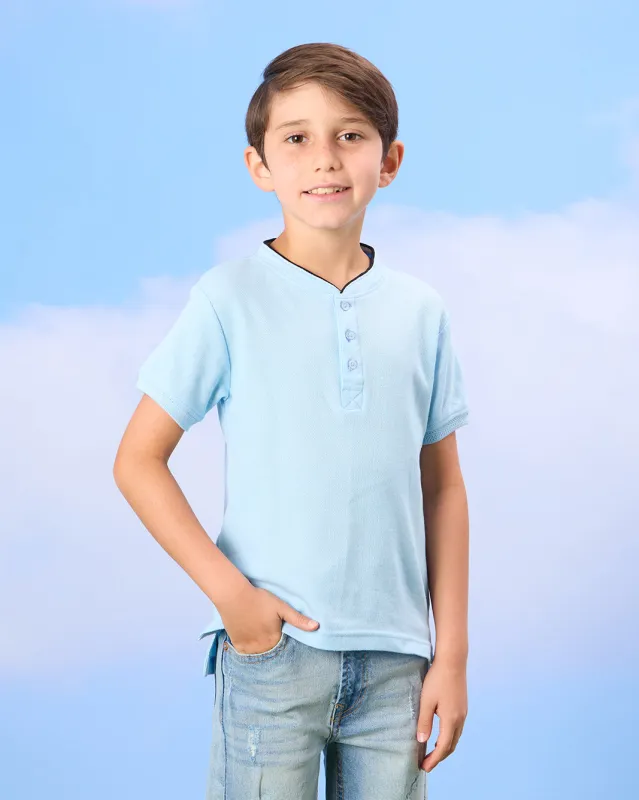Boys Blue Mandarin Polo Shirt sold by Redtag