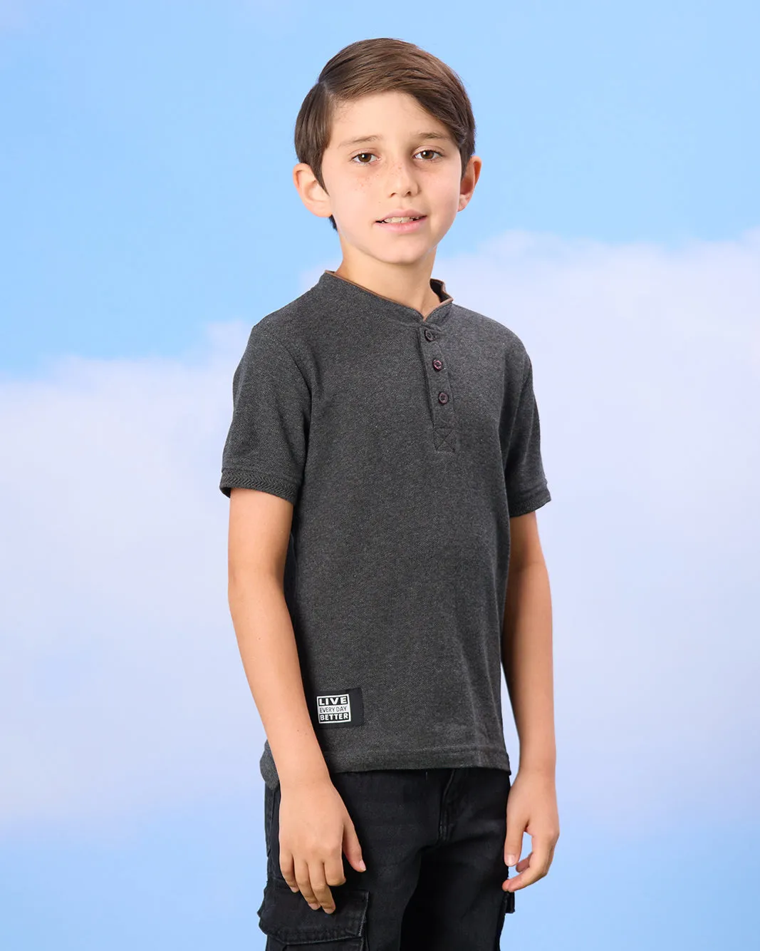 Boys Charcoal Mandarin Polo Shirt sold by Redtag