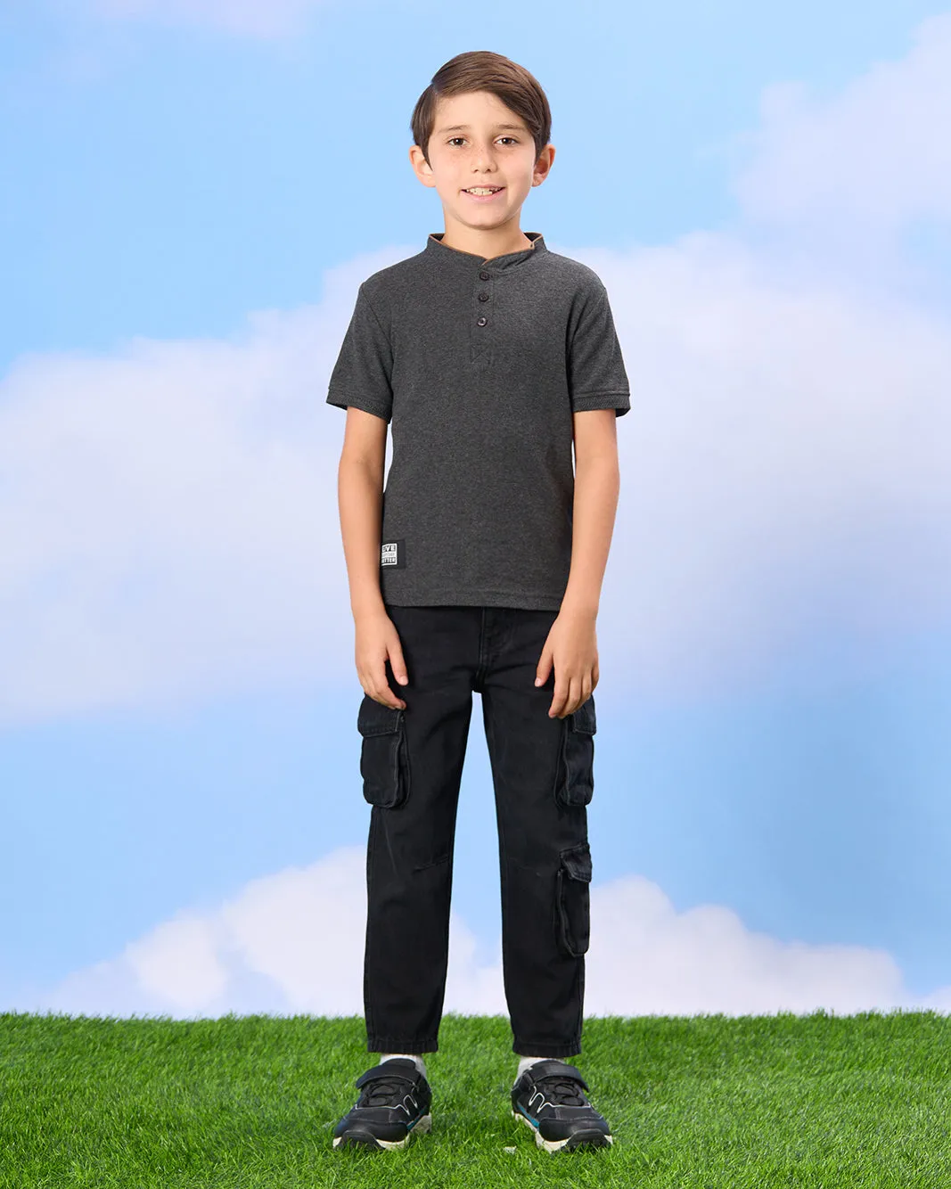 Boys Charcoal Mandarin Polo Shirt sold by Redtag product image thumbnail 2