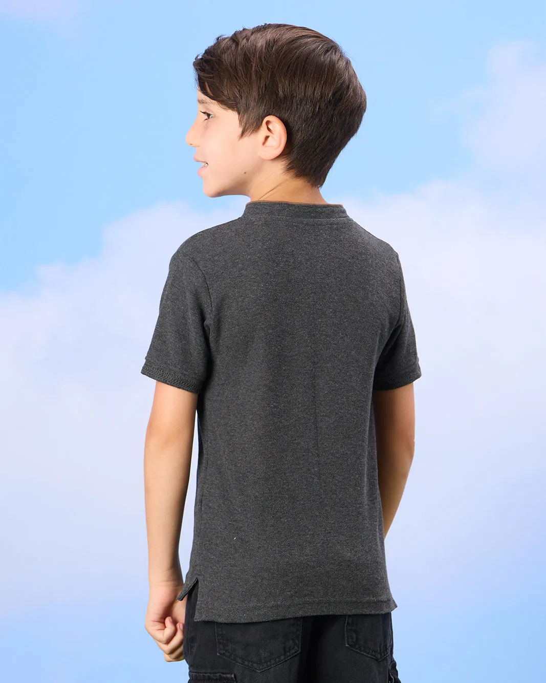 Boys Charcoal Mandarin Polo Shirt sold by Redtag product image thumbnail 3