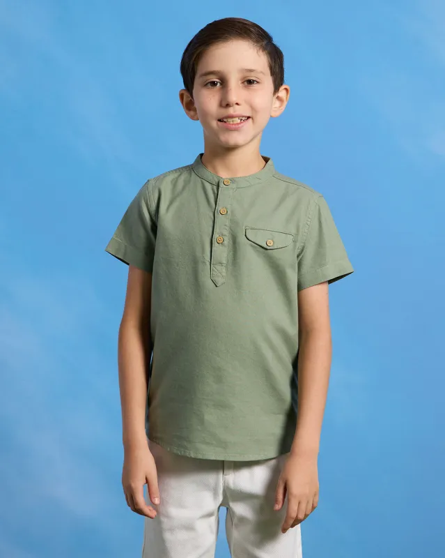 Boys Olive Kurta Oxford Short Sleeve Shirt made by Redtag