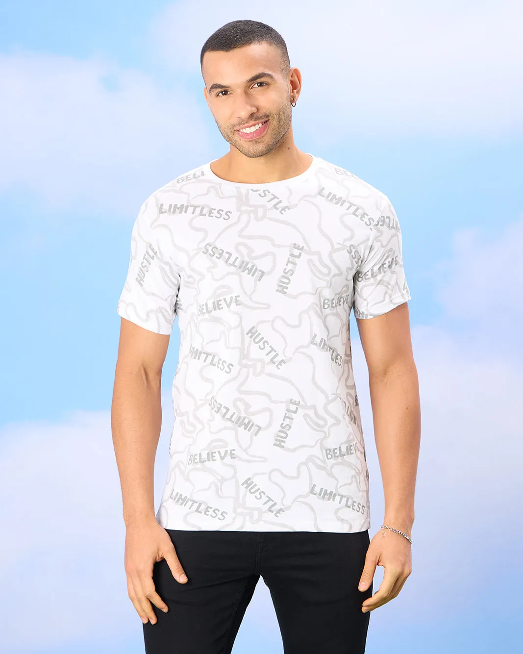 Men White Hustle Print T-Shirt sold by Redtag