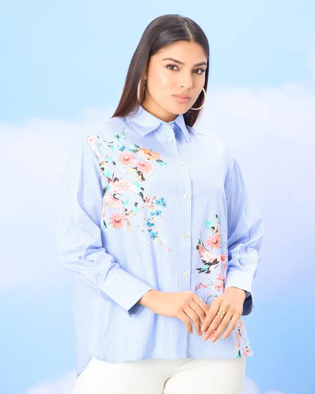 Women Blue Floral Print Striped Shirt sold by Redtag