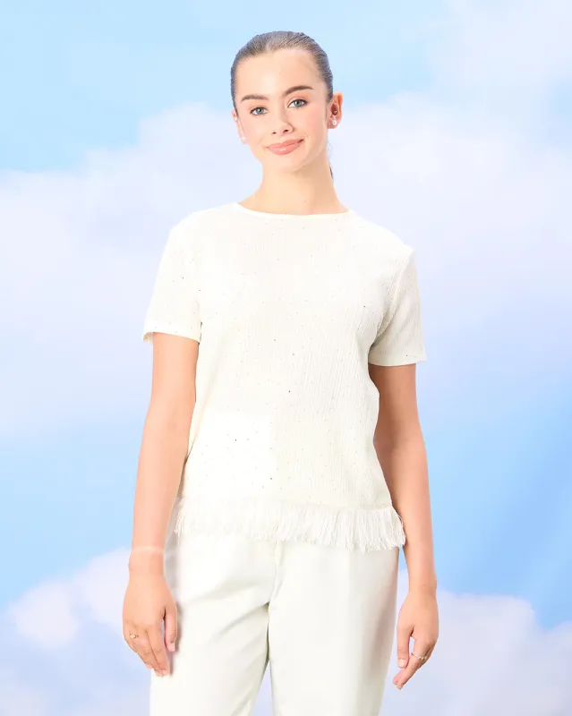 Senior Girls White Jacquard Fringe Top With Studs sold by Redtag