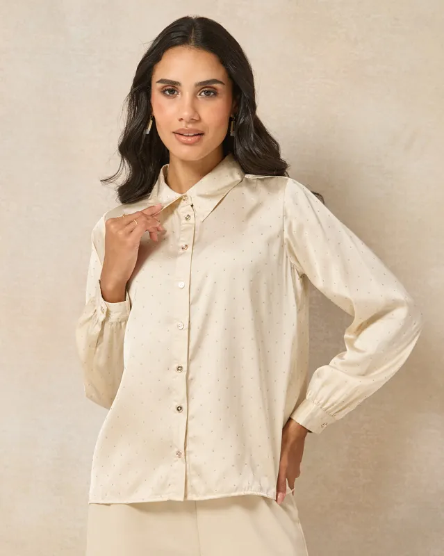 Women Beige Embellished  Heat Stones Satin Shirt sold by Redtag