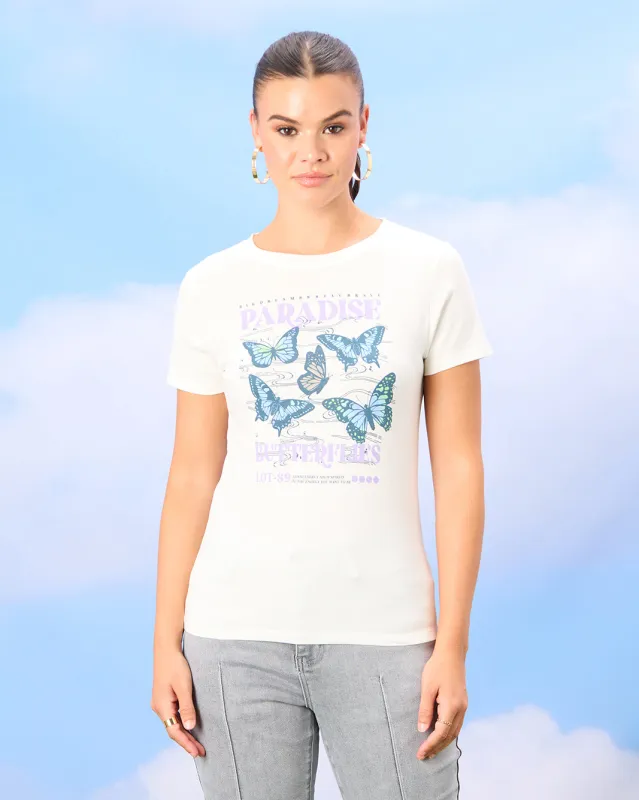 Women White Butterfly Print T-Shirt sold by Redtag