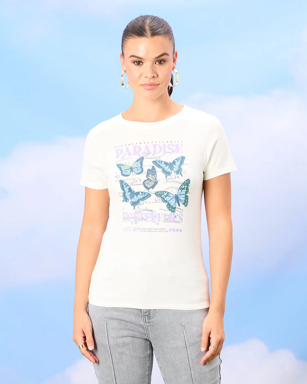 Women White Butterfly Print T-Shirt sold by Redtag