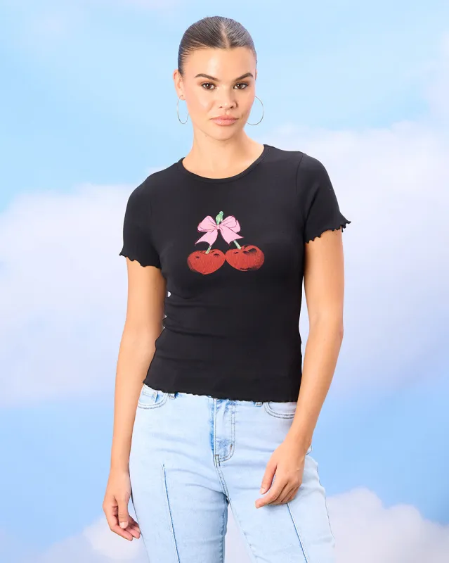 Women Black Printed Rib T-Shirt sold by Redtag