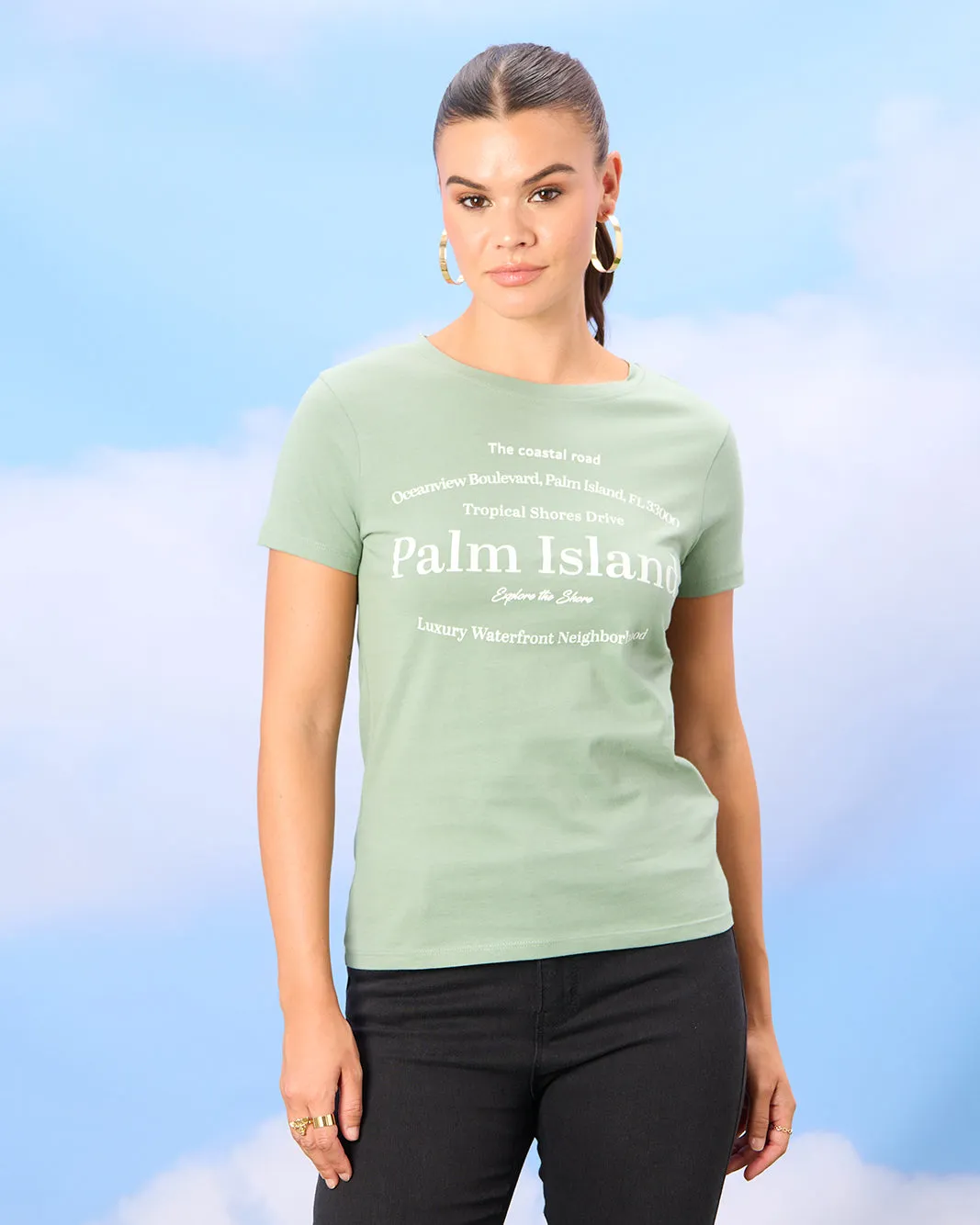 Women Green Palm Island Print T-Shirt sold by Redtag