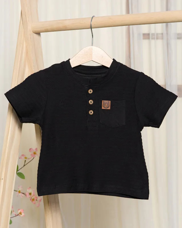 Infant Boys Black Solid Jacquard Henley T-Shirt sold by Redtag
