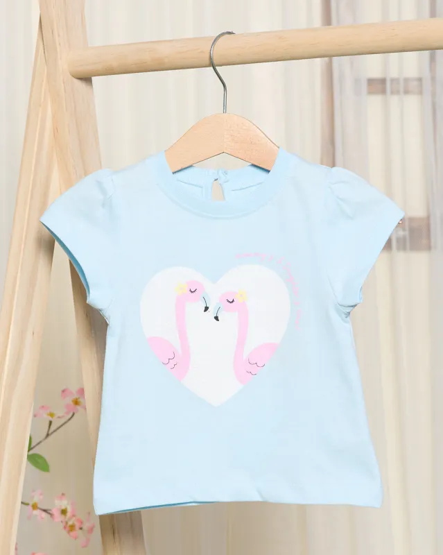 Infant Girls Blue Flamingo Heart Print T-Shirt sold by Redtag