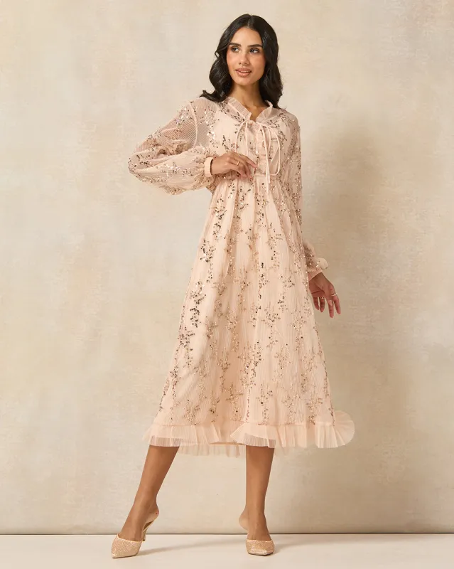 Women Apricot Sequin Embellished Mesh Dress sold by Redtag