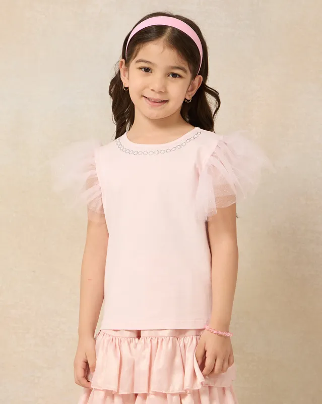Girls Pink Embellished Flutter Sleeve T-Shirt sold by Redtag