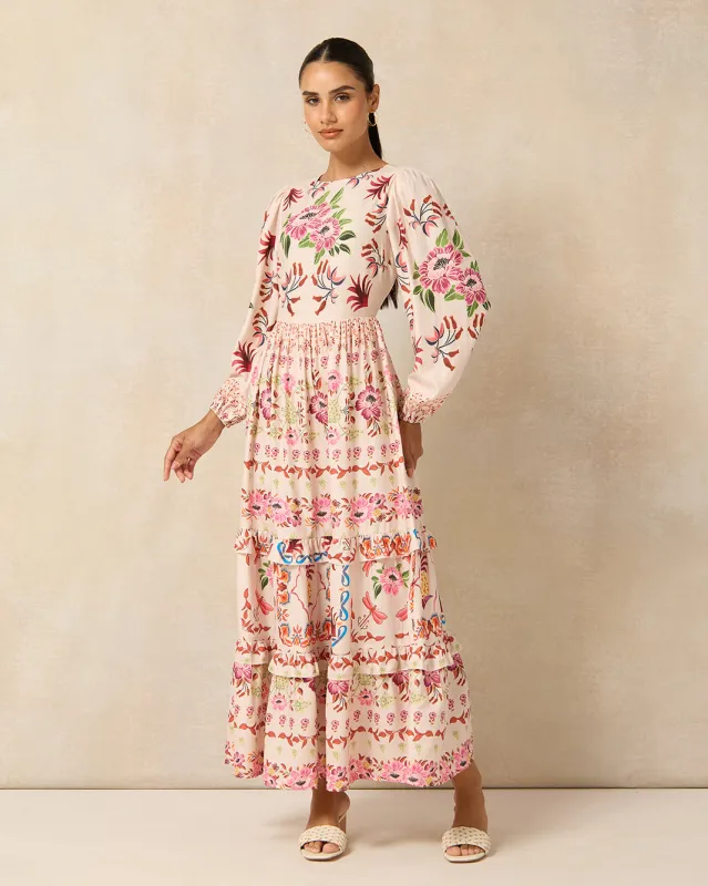 Women Pink Floral Placement Printed Tiered Dress sold by Redtag