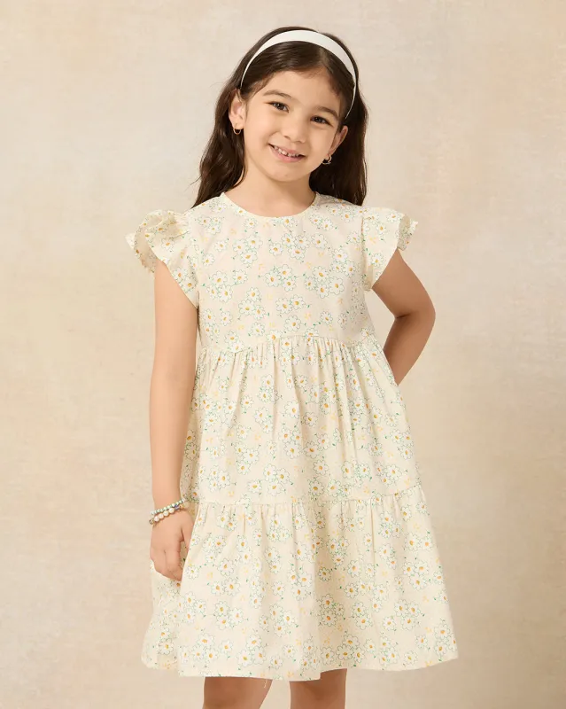 Girls Yellow Floral Print Frill Sleeve Dress sold by Redtag