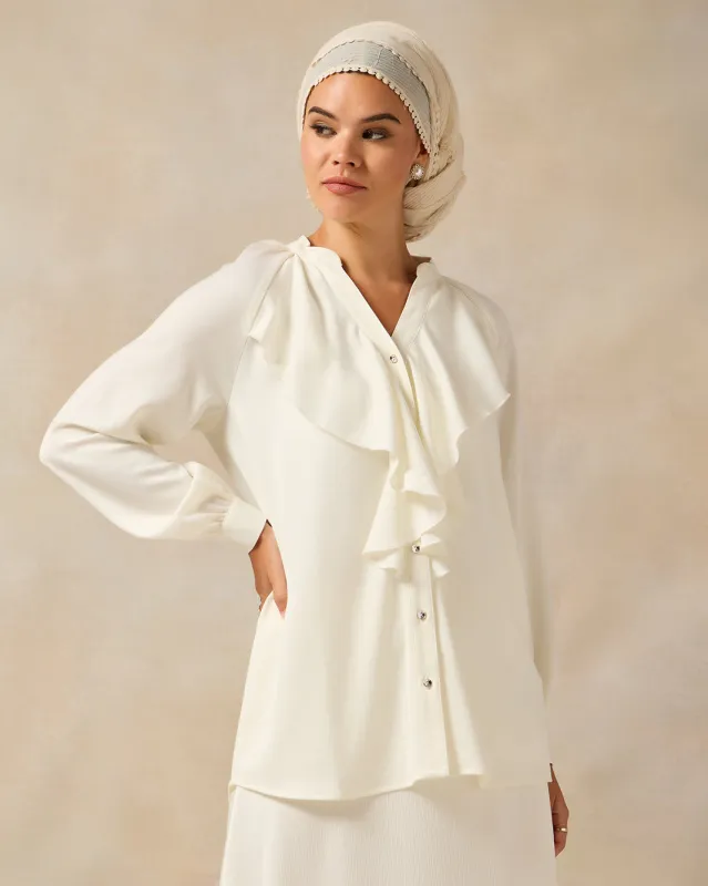 Women White Front Ruffle Blouse sold by Redtag