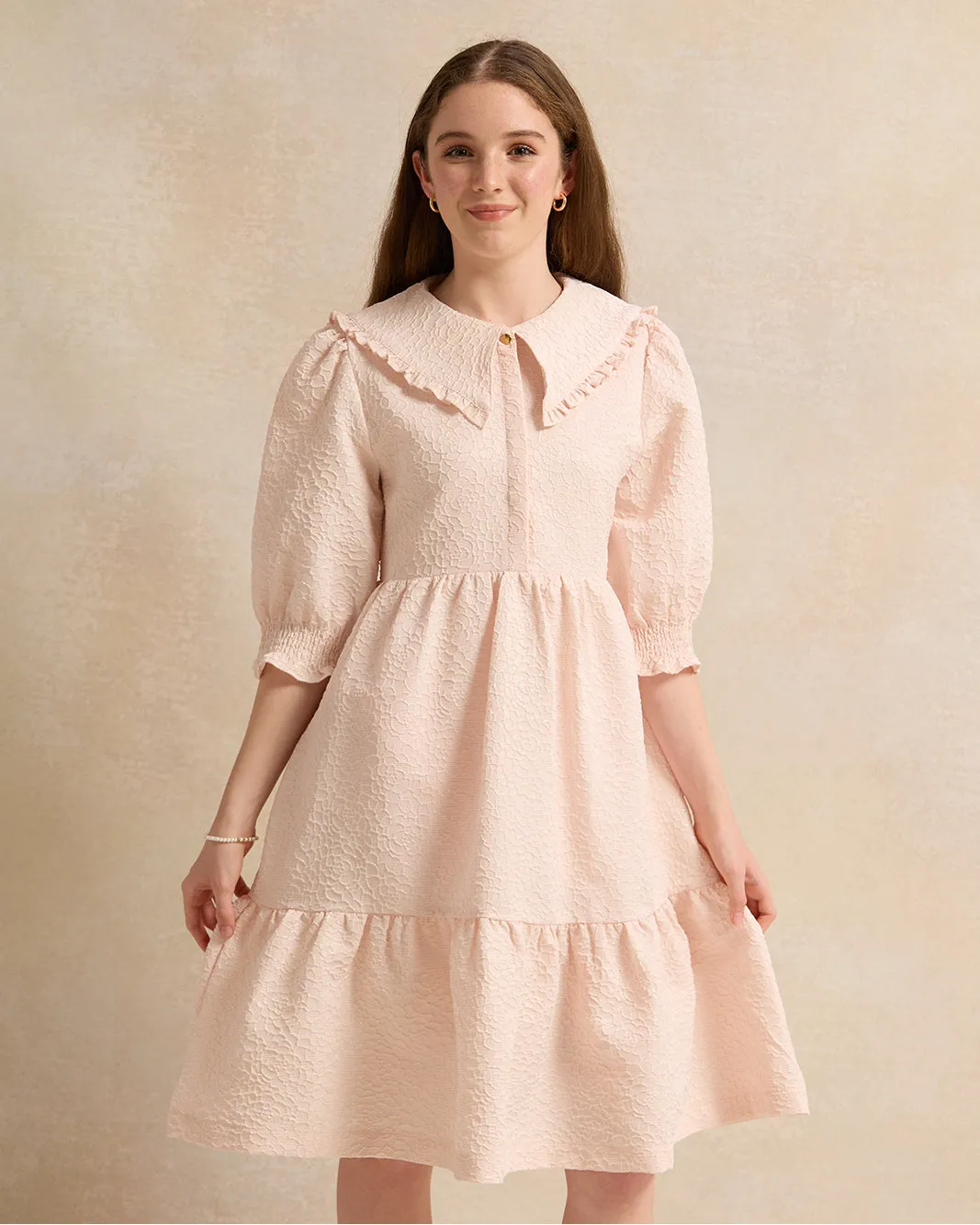 Senior Girls Pink Dobby Peter Pan Collar Dress sold by Redtag