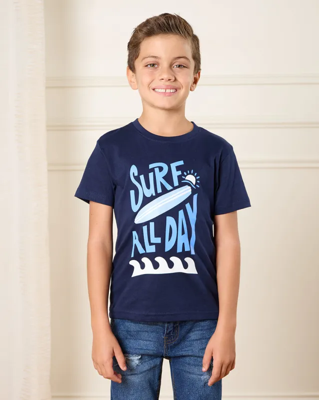 Boys Navy Surf Print Short Sleeved T-Shirt sold by Redtag