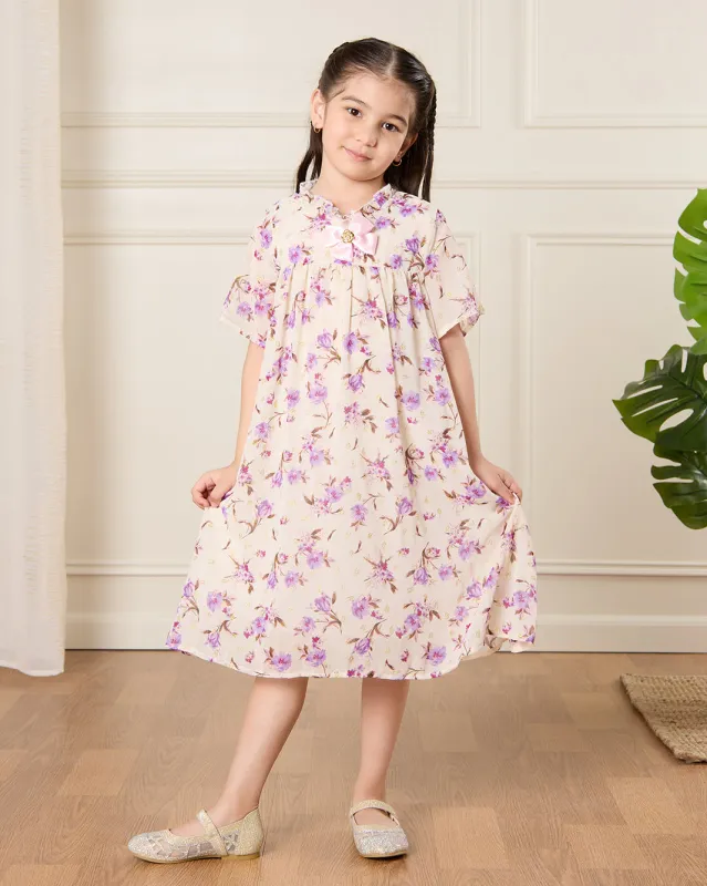 Girls Beige Printed Dress sold by Redtag
