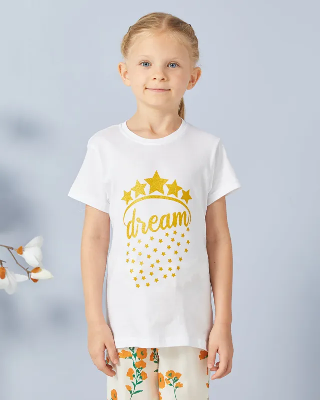 Girls White Printed Basic T-shirt sold by Redtag
