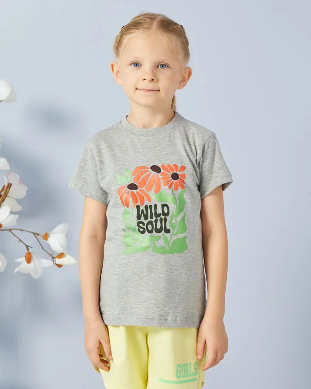 Girls Grey Printed Basic T-shirt sold by Redtag