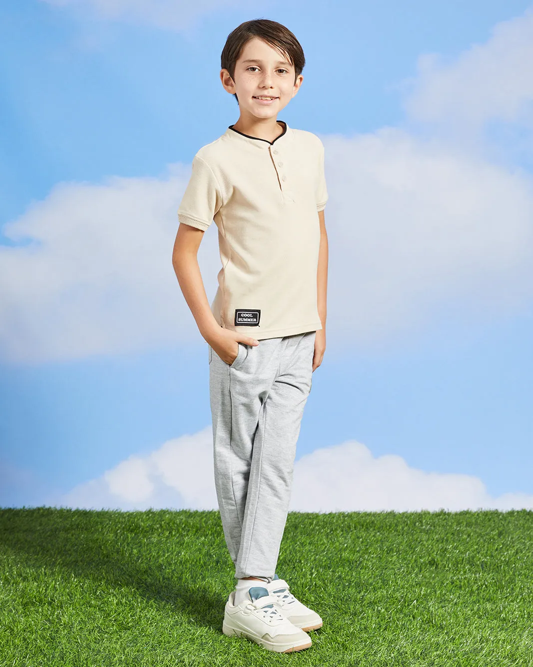 Boys Beige Mandarin Collared Polo Shirt sold by Redtag product image thumbnail 2