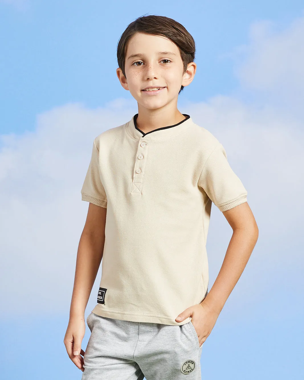 Boys Beige Mandarin Collared Polo Shirt sold by Redtag