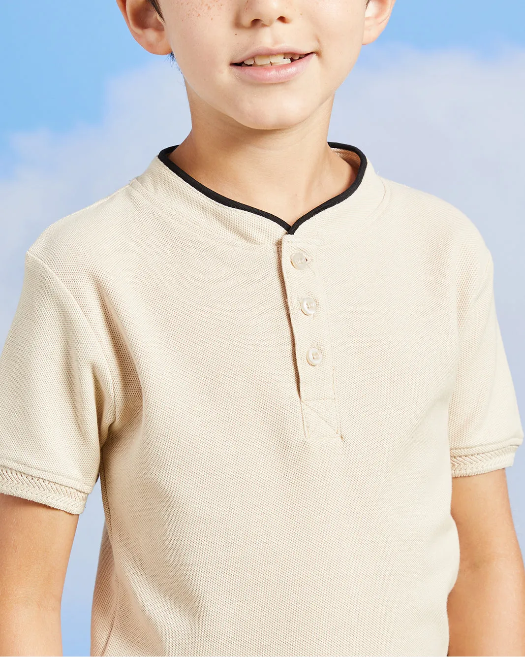 Boys Beige Mandarin Collared Polo Shirt sold by Redtag product image thumbnail 4