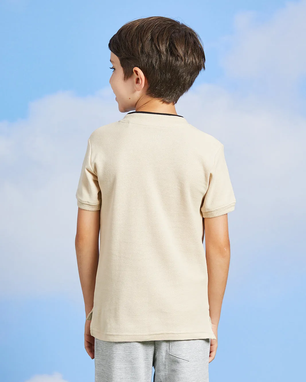 Boys Beige Mandarin Collared Polo Shirt sold by Redtag product image thumbnail 3